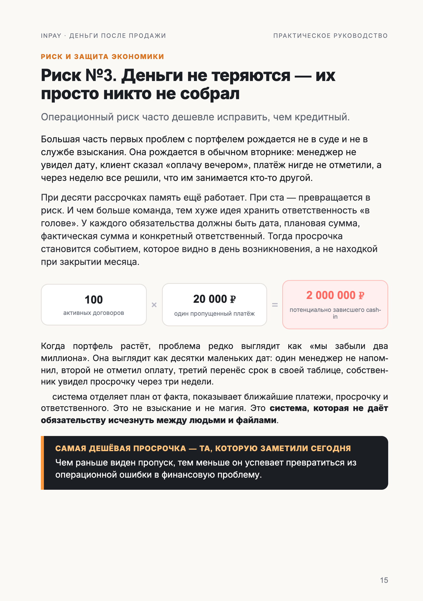 Страница книги INPAY: риск просрочки и DPD.