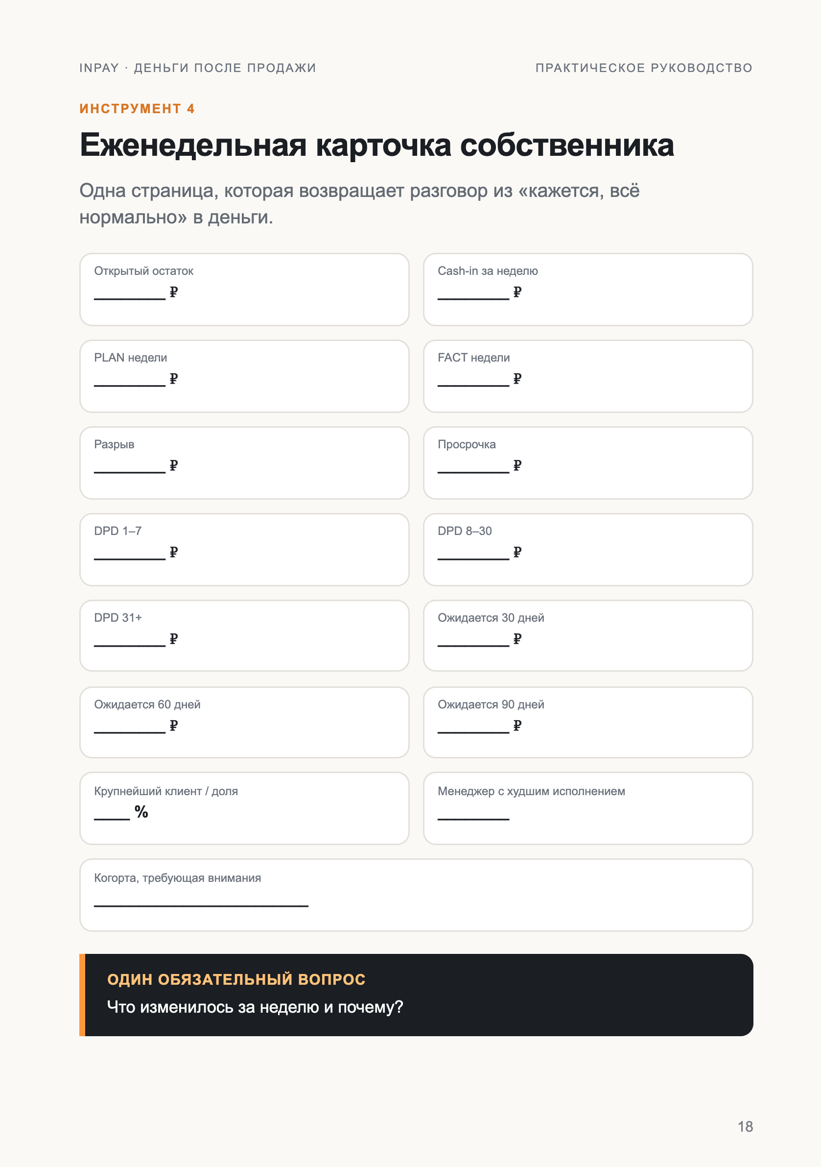 Страница книги INPAY: еженедельная карточка собственника.